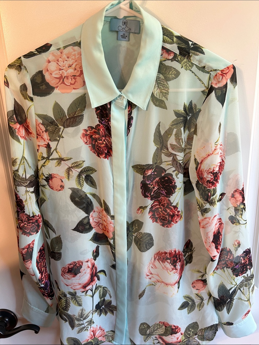 CeCe Mint Floral Sheer Button-Down blouse